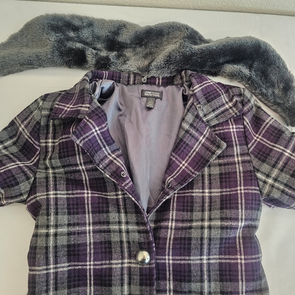 Kenneth Cole Reaction Plaid Coat with Faux Fur Collar Purple Gray Winter Warm - Picture 10 of 15